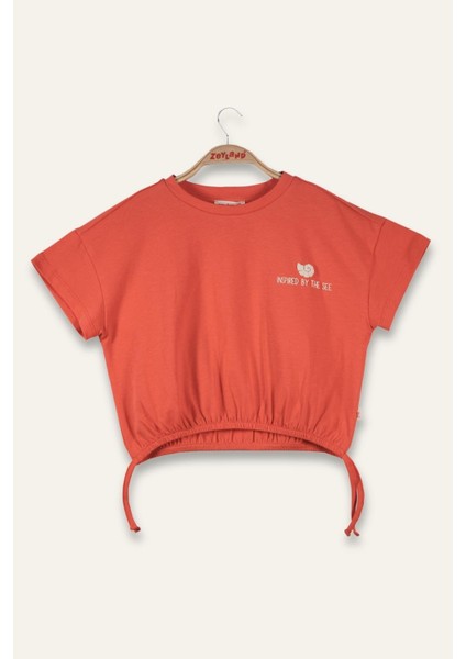 Kız Çocuk Hawai Baskılı Crop T-Shirt - Coral