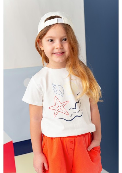 Kız Çocuk Hawaı Baskılı T-Shirt - Ekru