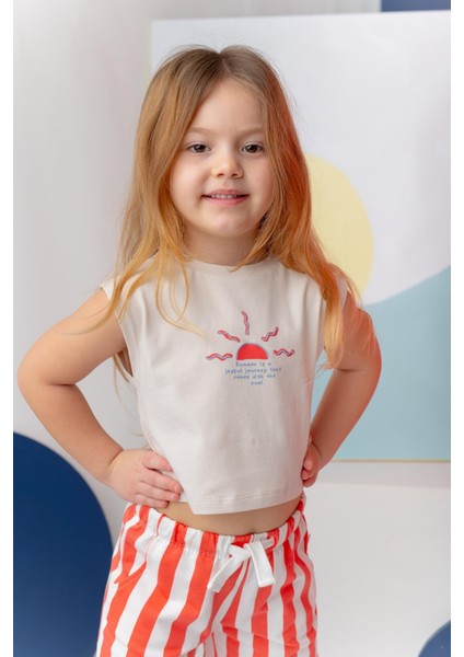 Kız Çocuk Hawaı Baskılı Kolsuz T-Shirt - Taş Rengi