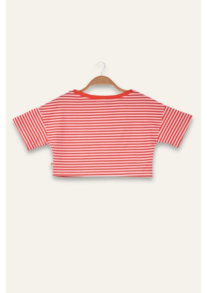 Kız Çocuk Çizgili Çep Detaylı Crop T-Shirt - Coral Çizgili fiyatları
