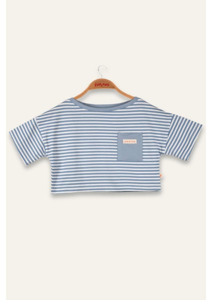 Kız Çocuk Çizgili Çep Detaylı Crop T-Shirt - Mavi Çizgili