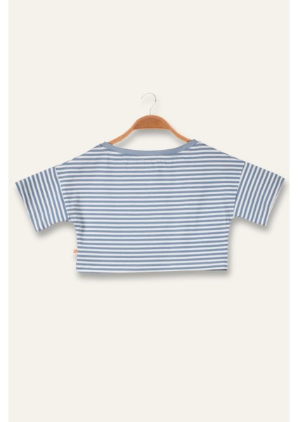Kız Çocuk Çizgili Çep Detaylı Crop T-Shirt - Mavi Çizgili fiyatları