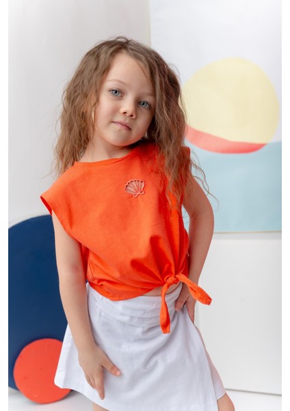 Kız Çocuk Nakış Detaylı Crop T-Shirt - Coral