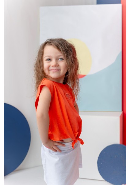 Kız Çocuk Nakış Detaylı Crop T-Shirt - Coral fiyatları