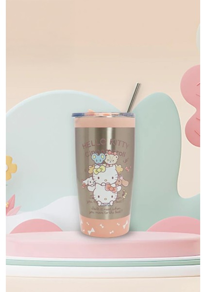 Sanrio Lisanslı Metal Pipetli Kapaklı Termos (530ml) - Hello Kitty