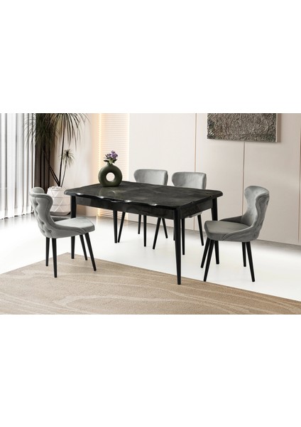 Ortadan Açılır Büyüyen 90 x 160 cm Mermer Desenli Ahşap Salon Yemek Masa Gri Sandalye Takımı 4 Sandalyeli