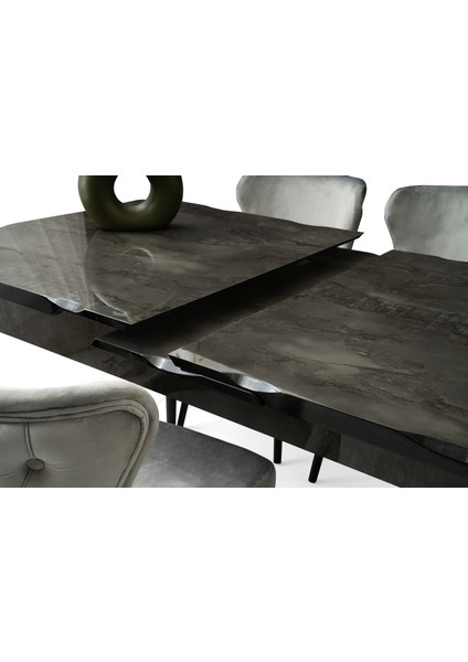 Ortadan Açılır Büyüyen 90 x 160 cm Mermer Desenli Ahşap Salon Yemek Masa Gri Sandalye Takımı 4 Sandalyeli