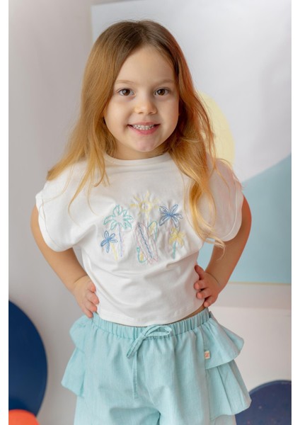 Kız Çocuk Nakış Detaylı Crop T-Shirt - Ekru