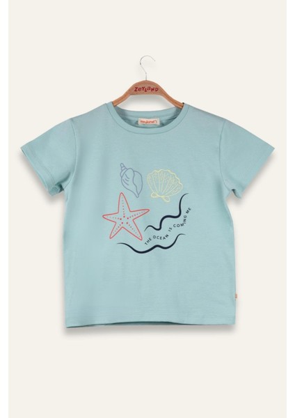 Kız Çocuk Hawaı Baskılı T-Shirt - Mint