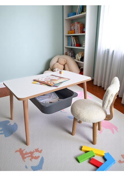 Maysa Ahşap Çocuk Masa Sandalye Takımı – 3-7 Yaş – Mdf Tabla, Teddy Kumaşlı – Renk Seçenekli
