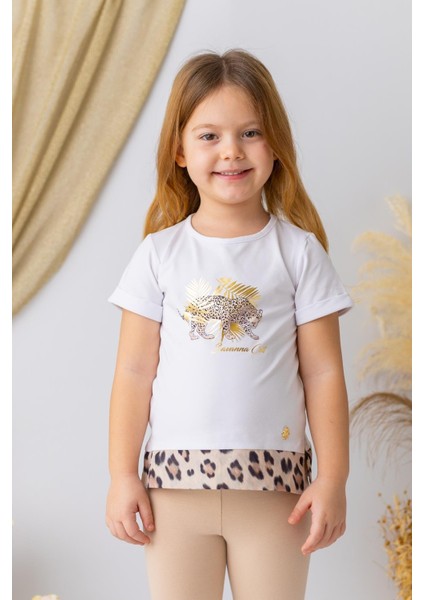 Kız Çocuk Leopar Desenli T-Shirt - Beyaz