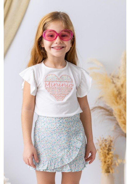 Kız Çocuk Kalp Nakışlı T-Shirt - Ekru