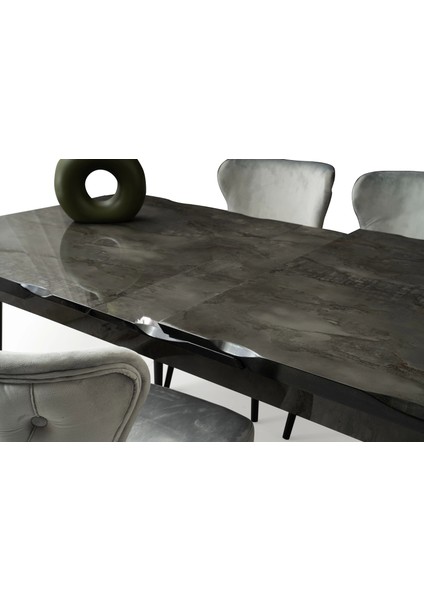 Ortadan Açılır Büyüyen 90 x 160 cm Mermer Desenli Ahşap Salon Yemek Masa Gri Sandalye Takımı 4 Sandalyeli