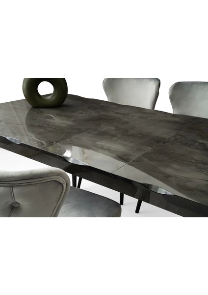 Ortadan Açılır Büyüyen 90 x 160 cm Mermer Desenli Ahşap Salon Yemek Masa Gri Sandalye Takımı 4 Sandalyeli