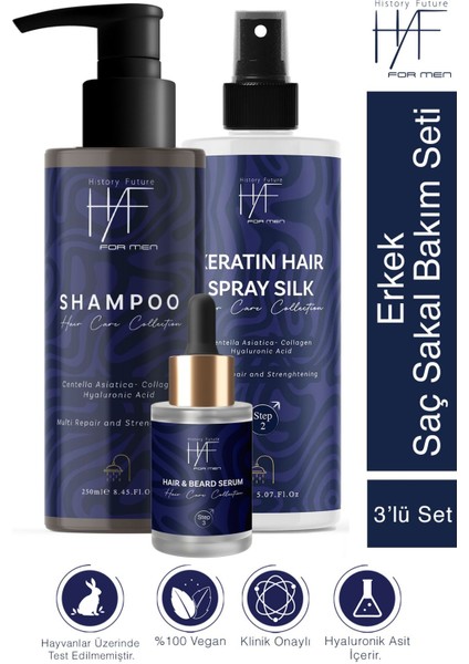 Erkek 3'lü Saç Sakal Bakım Seti:Seyrelme Karşıtı Şampuan Keratin Saç Spreyi Saç Sakal Serumu