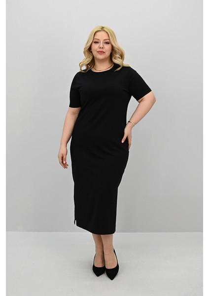 Kadın Büyük Beden Kısa Kollu Yırtmaç Detaylı Basic Elbise 5309-25 fiyatları