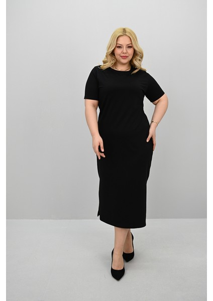 Kadın Büyük Beden Kısa Kollu Yırtmaç Detaylı Basic Elbise 5309-25 modelleri