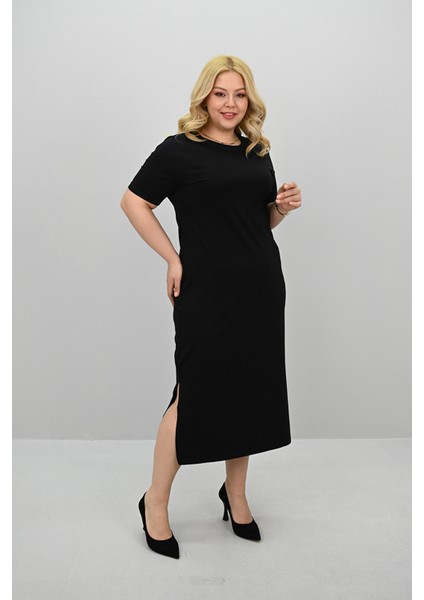 Kadın Büyük Beden Kısa Kollu Yırtmaç Detaylı Basic Elbise 5309-25 indirimleri