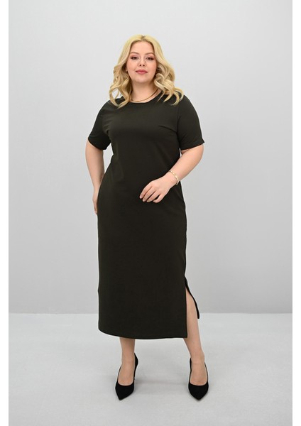 Kadın Büyük Beden Kısa Kollu Yırtmaç Detaylı Basic Elbise 5309-25