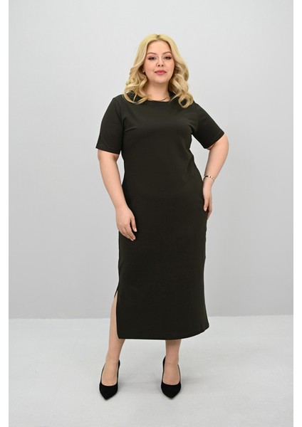 Kadın Büyük Beden Kısa Kollu Yırtmaç Detaylı Basic Elbise 5309-25 fiyatları