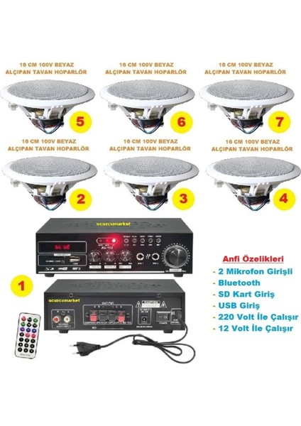Tavan Hoparlör Seti (1 Adet Anfi + 6 Adet 100V 16 cm Tavan Hoparlör)
