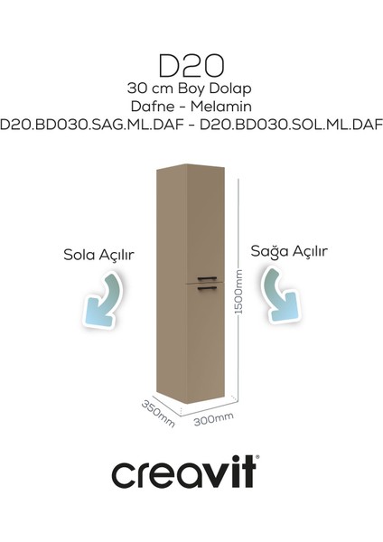 D20 30 cm Sola Açılır Boy Dolabı Dafne Melamin Kapak (Demonte) fiyatları