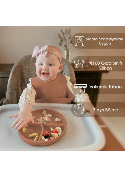 3'lü Silikon Beslenme Seti - Silikon Mama Önlüğü, Vakumlu Mama Tabağı, Diş Kaşıyıcı Kaşık Kahverengi modelleri