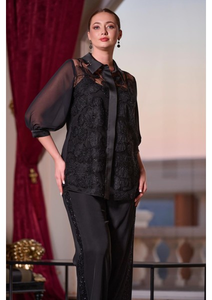 Büyük Beden Kolları Şifon ve Önü Komple Dantel ve Işlemeli Gömlek