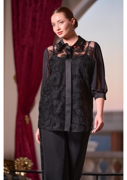 Büyük Beden Kolları Şifon ve Önü Komple Dantel ve Işlemeli Gömlek fiyatları