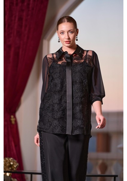 Büyük Beden Kolları Şifon ve Önü Komple Dantel ve Işlemeli Gömlek modelleri