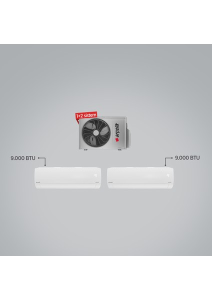 1+2 Multi Ekolojik Inverter Klima - (1 Adet Dış Ünite + 2 Adet 9+9 BTU İç Ünite) - Yeni Nesil İç Üniteler / Opsiyonel Wi-Fi / A++