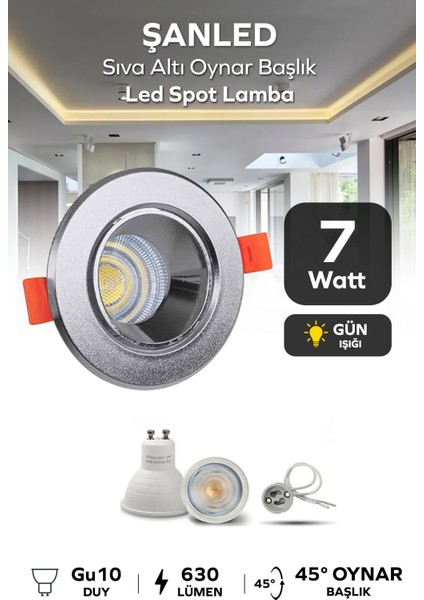 7W Sıva Altı Oynar Başlık GU10 Yuvarlak Krom Kasa Gün Işığı LED Spot Lamba-1 Adet