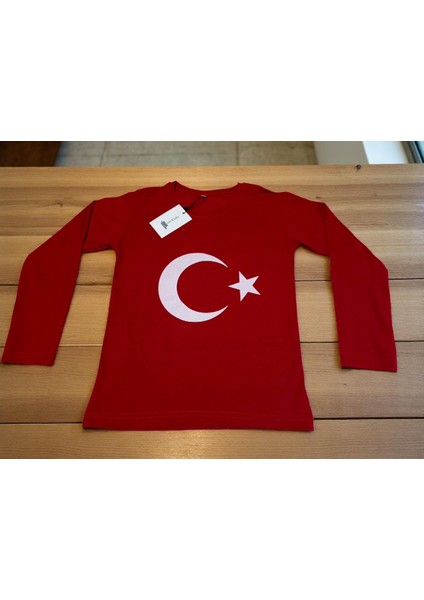 Türk Bayraklı (Ay Yıldız) Baskılı Kırmızı Uzun Kollu Unisex Çocuk Tişörtü (T-Shirt)