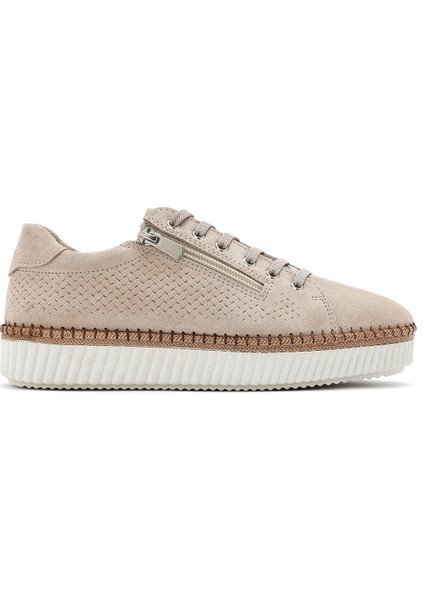 Kadın Bej Bağcıklı Kalın Tabanlı Süet Deri Sneaker 25SFD501810