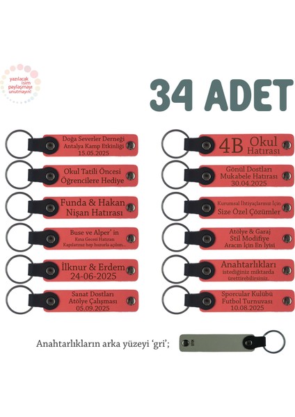 Nar Çiçeği & Gri, Sevgiliye Doğum Günü Hediyesi, Kişiye Özel İsimli Anahtarlık 34' lü Set