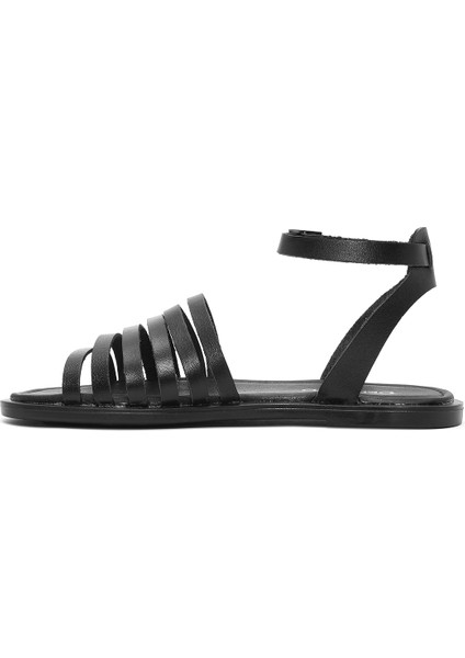 Kadın Siyah Bilekten Bağlamalı Deri Bodrum Sandalet 25SFD333318