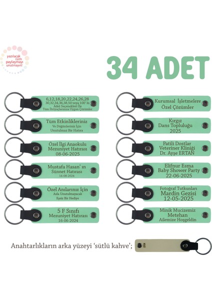Açık Yeşil & Sütlü Kahve, Sevgiliye Doğum Günü Hediyesi, Kişiye Özel İsimli Anahtarlık 34' lü Set