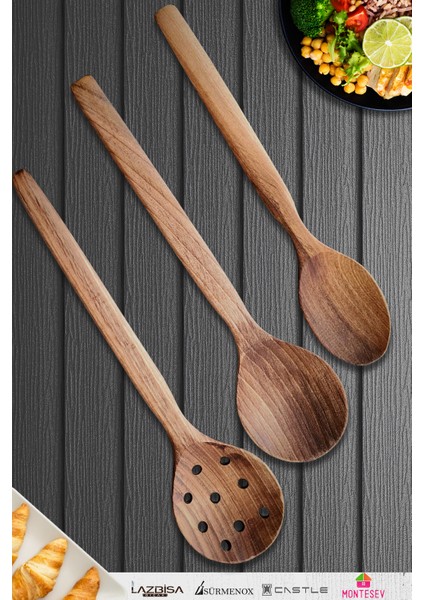 Doğal Ceviz Ağacı Ahşap Tahta Kaşık Spatula Seti Ağaç Kaşık (3 Lü Set) Mnt4