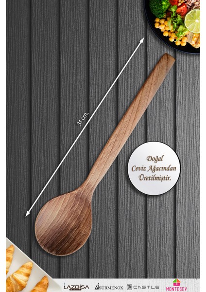Doğal Ceviz Ağacı Ahşap Tahta Kaşık Spatula Seti Ağaç Kaşık (3 Lü Set) Mnt4
