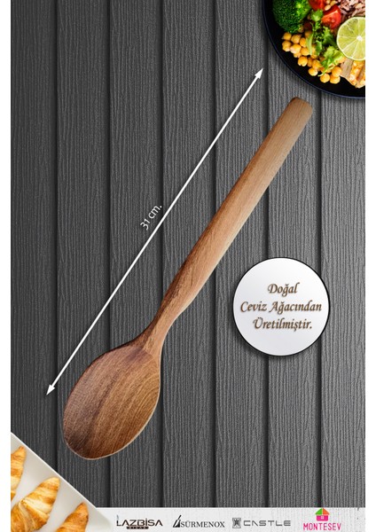 Doğal Ceviz Ağacı Ahşap Tahta Kaşık Spatula Seti Ağaç Kaşık (3 Lü Set) Mnt4