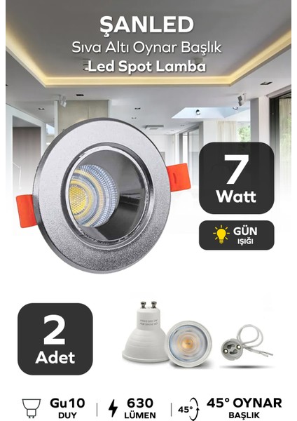 7W Sıva Altı Oynar Başlık GU10 Yuvarlak Bakır Kasa Gün Işığı LED Spot Lamba-2 Adet