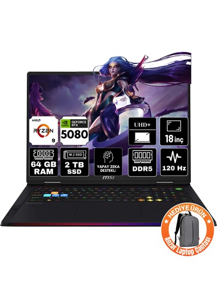 Msı Raıder A18 Hx Amd Ryzen 9 9955HX3D 64GB 2tb SSD RTX5080 16GB Windows 11 Home 18" Uhd+ 120Hz Taşınabilir Bilgisayar A9WIG-092TR-A7 fiyatları