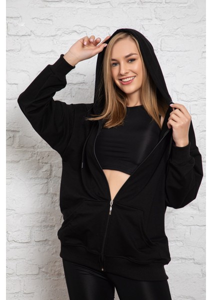 Siyah Kapüşonlu Oversize/geniş Kalıp Fermuarlı Kapüşonlu Kalın Içi Polarlı Sweatshirt K-500