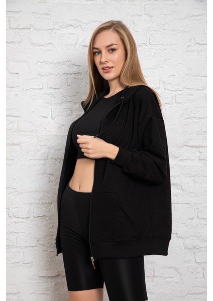 Siyah Kapüşonlu Oversize/geniş Kalıp Fermuarlı Kapüşonlu Kalın Içi Polarlı Sweatshirt K-500 modelleri