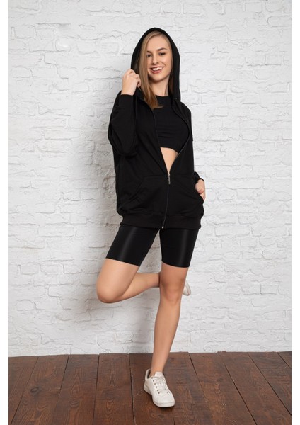 Siyah Kapüşonlu Oversize/geniş Kalıp Fermuarlı Kapüşonlu Kalın Içi Polarlı Sweatshirt K-500 fırsatları