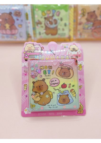 Capybara Sulu Pullu Anahtarlıklı Stickerlı Kapibara Not Defteri (7,5x7,5 Cm) - Sweet