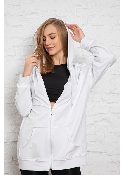 Beyaz Kapüşonlu Oversize/geniş Kalıp Fermuarlı Kapüşonlu Kalın Içi Polarlı Sweatshirt K-501 modelleri