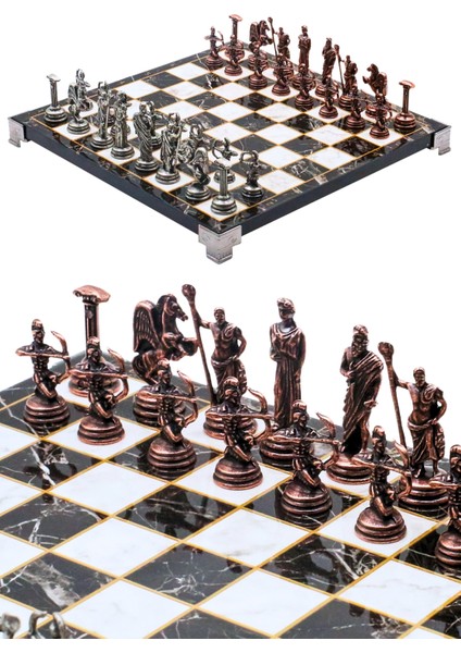 Metal Satranç Takımı | 25CM Mermer Desenli Satranç Tahtası | Mitolojik Tanrı Figürlü Roma Okçu