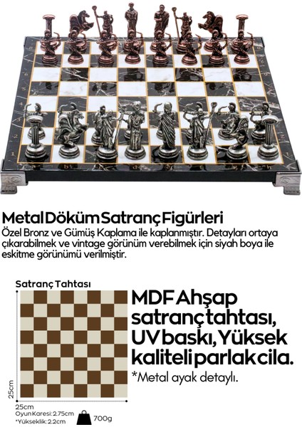 Metal Satranç Takımı | 25CM Mermer Desenli Satranç Tahtası | Mitolojik Tanrı Figürlü Roma Okçu
