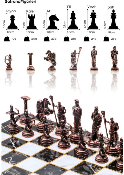 Metal Satranç Takımı | 25CM Mermer Desenli Satranç Tahtası | Mitolojik Tanrı Figürlü Roma Okçu